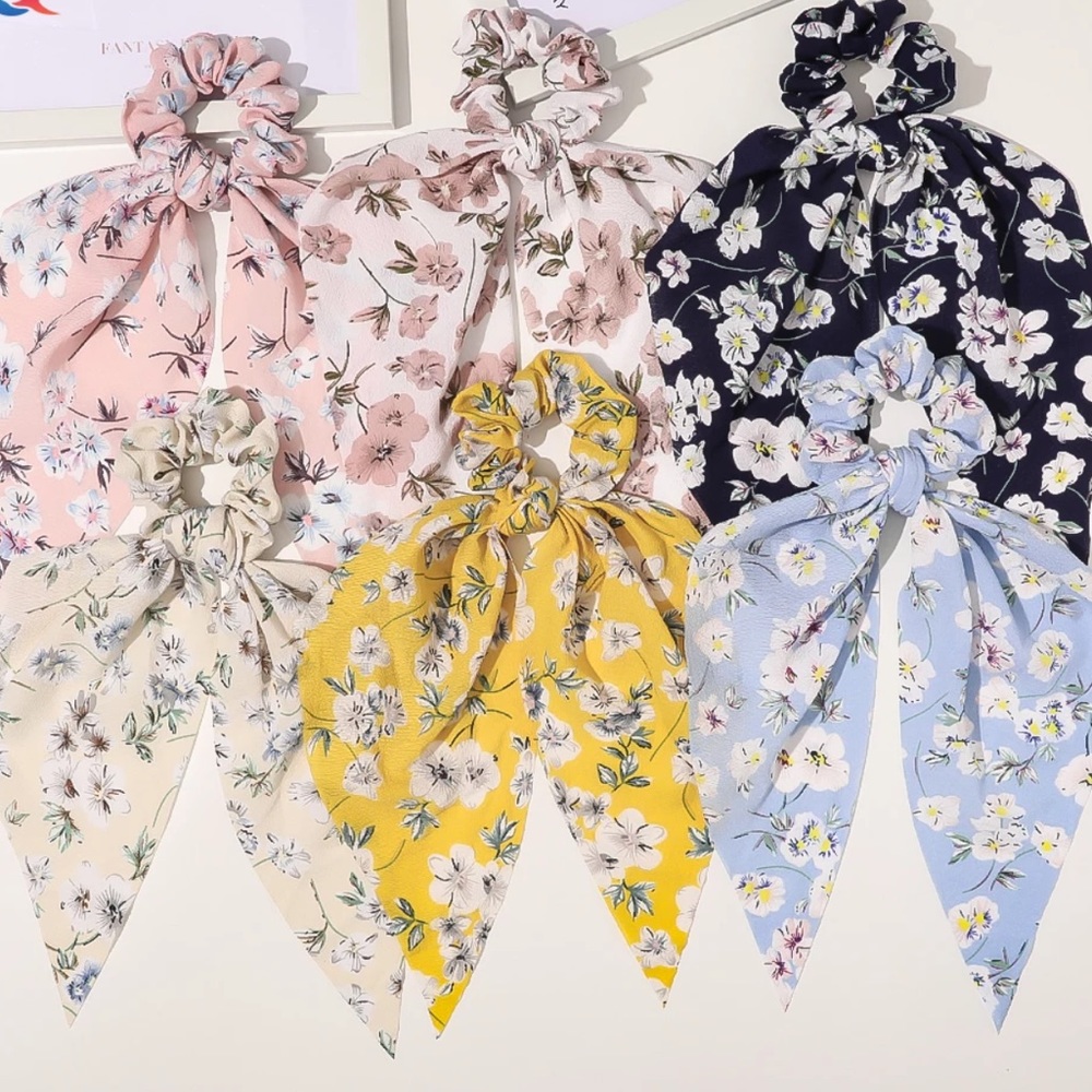 6pcs Floral Hair Tie Bow Ribbon Scarf Scrunchies